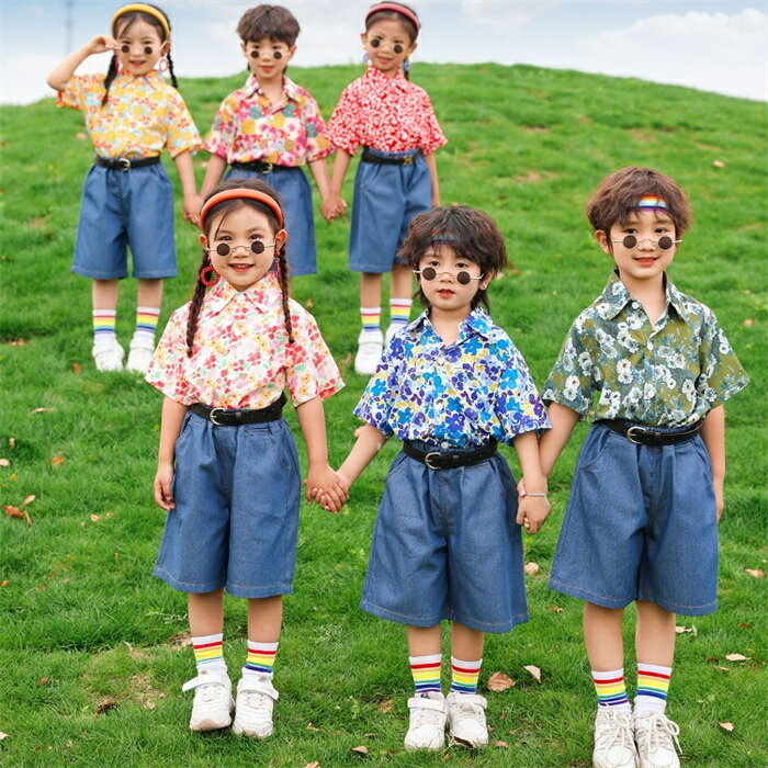 ダンス衣装 単品 団体服 子供用 キッズ 学生服 女の子 男の子 ジュニア アロハシャツ 花柄シャツ デニムショートパンツ 運動会 練習着 体育祭 幼稚園 保育園 合唱 舞台 ヒップホップ ポッピング 演出服 応援団 hiphop k-pop