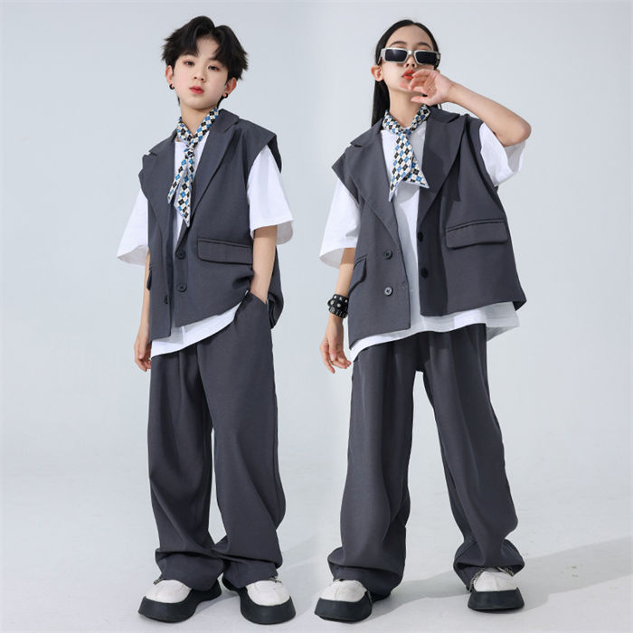 乐天商城 - ダンス衣装 2点セット ベスト+パンツ ヒップホップ ステージ衣装 キッズ 女の子 男の子 ダンス衣装 セットアップ ジャズダン ダンス HIPHOP jazz ファッション カッコイイ 中国風 演出服 舞台服 団体服 練習着 ポッピング コスプレ 応援団 舞台用 演出