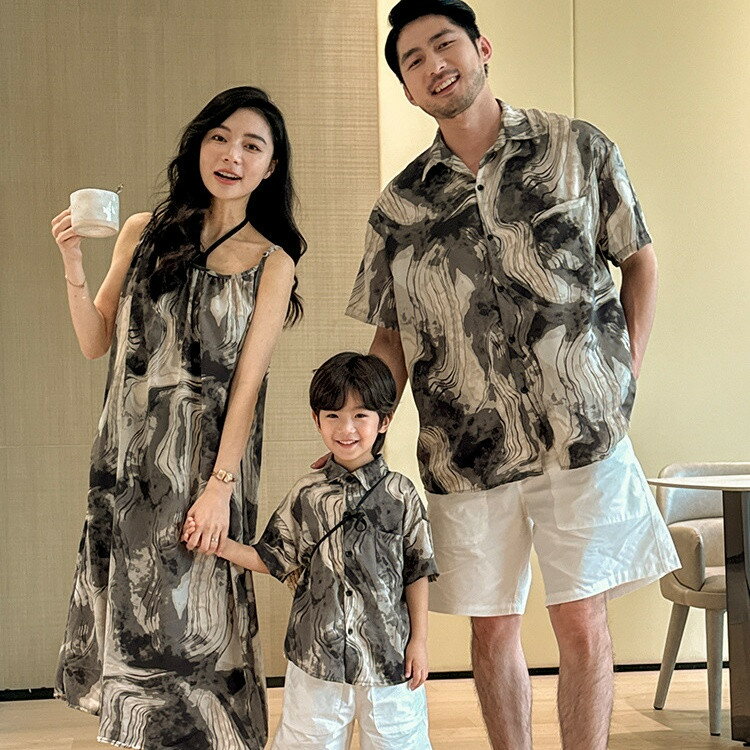 リンクコーデ 親子 セット 親子コーデ アロハシャツ ペアルック 親子服 夏 家族お揃い 親子ペア 男の子 女の子 メンズ レディース 絞り染め アロワンピース 半袖シャツ キャミソール ロングワンピース 総柄ワンピース 袖なし カップル ご夫婦 家族活動 家族写真 記念撮影