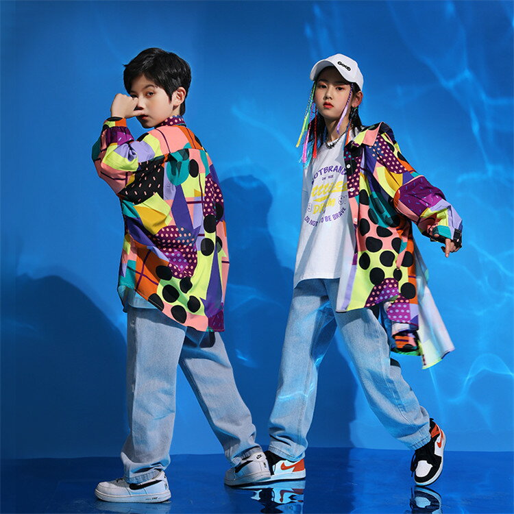 乐天商城 - 花柄シャツ 子供 ダンス衣装 ジャズダンス衣装 総柄シャツ 男女兼用 ヒップホップ ジャズダンス シャツ デニムパンツ 女の子 男の子 ストリートダンス衣装 舞台衣装 競技 演出服 イベント 学園祭 キッズダンス衣装 ジュニア服 ダンスウェア 110 120 130 140 150 160 170