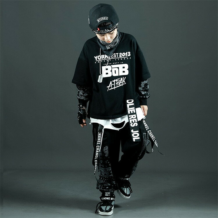 乐天商城 - 子供服 ダンス衣装 セットアップ 上下セット 男の子 子供 キッズ ヒップホップ hiphop レイヤード風 重ね着 トレーナー 長袖 ロングパンツ ゆったり ジャズダンス ダンスウエア 練習着 レッスン着 舞台衣装 ステージ衣装 HIPHOP k-pop 団体服 演出服 110-180cm