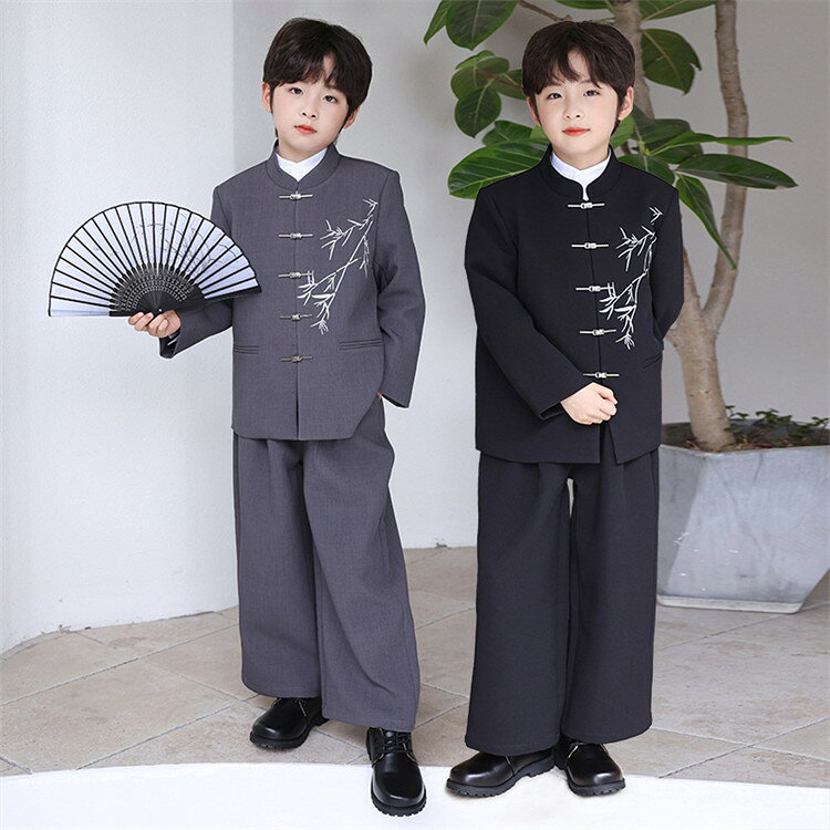 乐天商城 - 子供スーツ 男の子 キッズ 子供 スーツセット フォーマルスーツ 制服 2点セット 3点セット セットアップ 上下セット 唐装 中山装 竹柄 スーツ ブレザー ジャケット 白シャツ 長袖 ロングパンツ おしゃれ 入学式 卒業式 発表会 演奏会 演出服 学園祭 文化祭 団体服 90-170