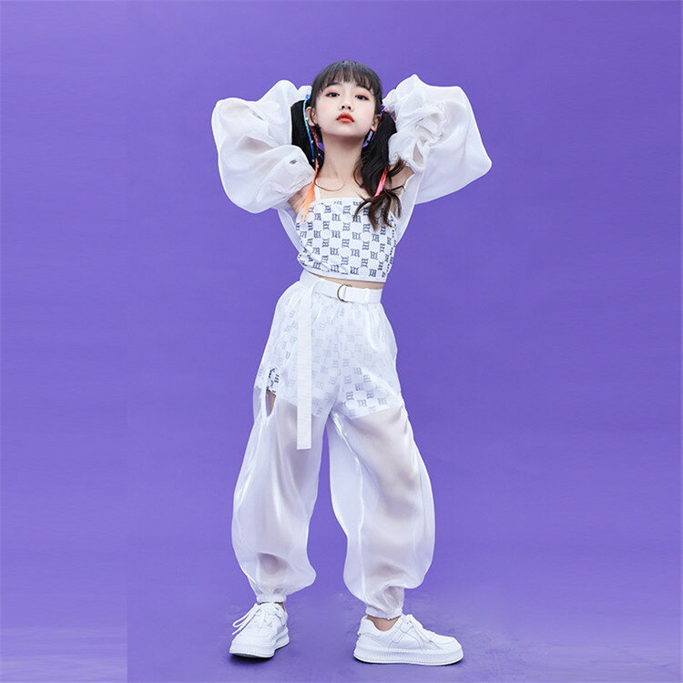 Rakuten - ダンス衣装 セットアップ 3点セット 女の子 子供 キッズ 子供服 ジャズダンス衣装 ヒップホップ ダンスウエア キャミソール ショート丈 アウター 長袖 パフスリーブ ギャザーデザイン ロングパンツ ショートスカート透け感 モダンダンス 舞台服 ステージ衣装 演出服110-180cm