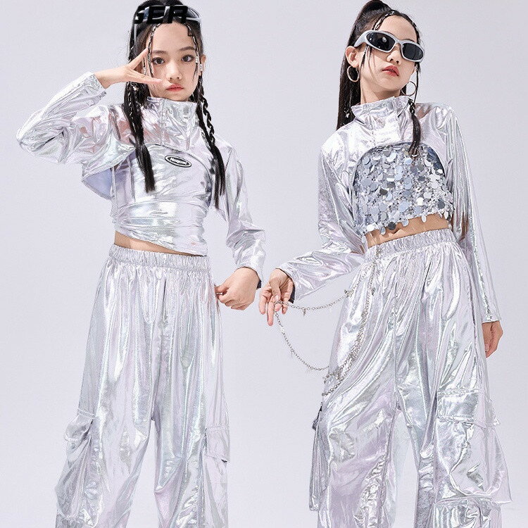 乐天商城 - ダンス衣装 子供服 ジャズダンス衣装 ヒップホップ 女の子 子供 キッズ ダンスウエア 3点セット 4点セット トップス 長袖 タンクトップ スパンコール キラキラ ショート丈 シルバー ロングパンツ ジャズダンス モダンダンス 練習着 レッスン着 舞台服 演出服110-180cm
