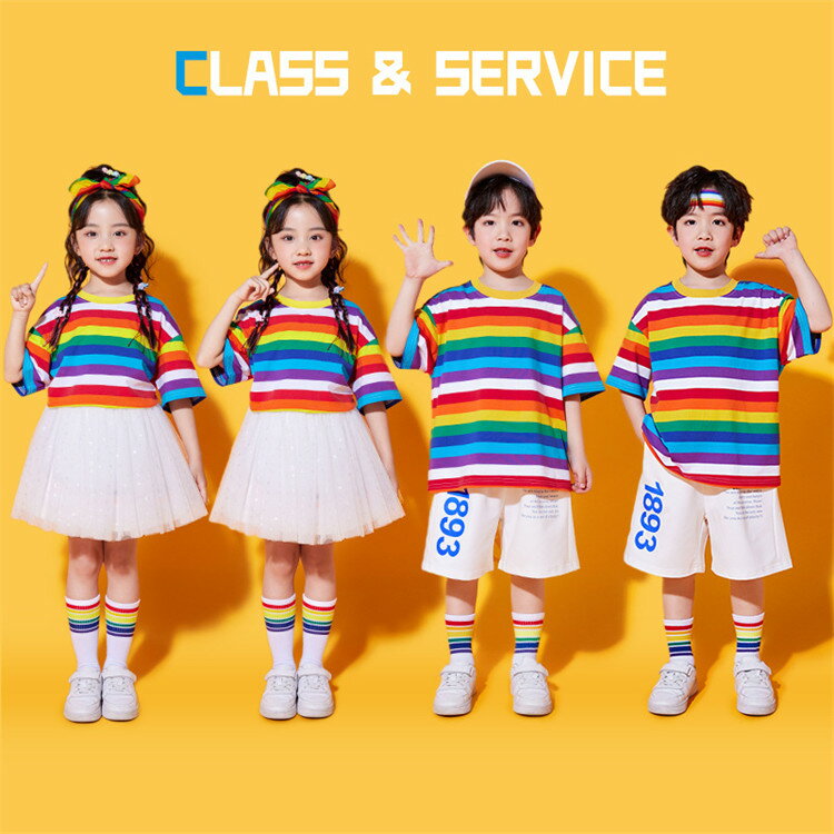 乐天商城 - ダンス衣装 子供服 女の子 男の子 子供 キッズ 夏 夏服 虹色 ストライプ柄 セットアップ 3点セット 上下セット Tシャツ 半袖 パンツセット チュールスカート ハーフパンツ ショートスカート ダンス衣装 コスチューム ステージ衣装 舞台衣装 応援団 演出服 団体服100-180cm