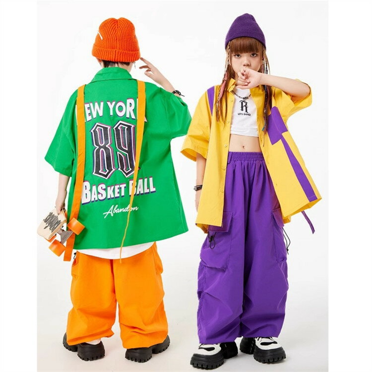 乐天商城 - ダンス衣装 ヒップホップ hiphop 子供服 男の子 女の子 子供 キッズ 単品 半袖シャツ シャツ 半袖 ワイドパンツ カーゴパンツ ロングパンツ ジャズダンス ダンスウエア 練習着 レッスン着 舞台衣装 ステージ衣装 HIPHOP k-pop チームダンス 団体服 演出服 小学生 110-180cm