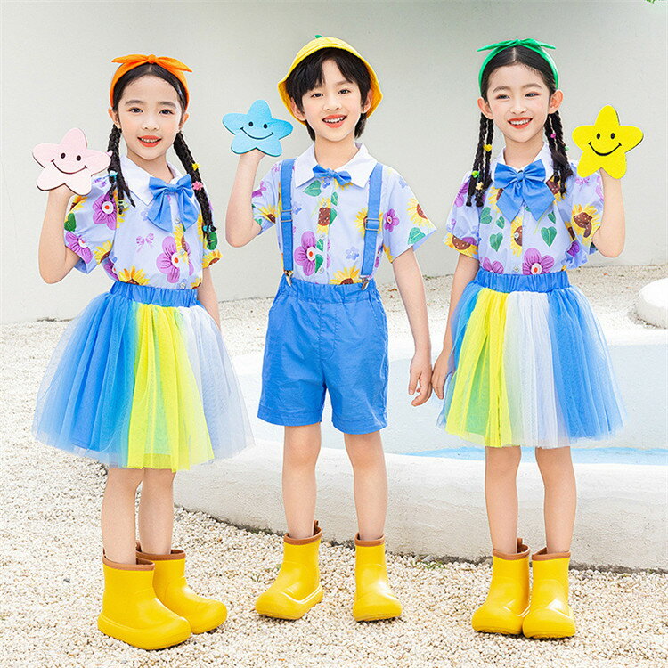 乐天商城 - ダンス衣装 女の子 男の子 子供 子供服 ダンスウエア 夏 夏服 クラス服 上下セット セットアップ 花柄 半袖シャツ 半袖 サロペットパンツ ハーフパンツ ショートスカート チュールスカート コスチューム ステージ衣装 練習着 舞台衣装 演出服 団体服 合唱服 記念撮影 110-180