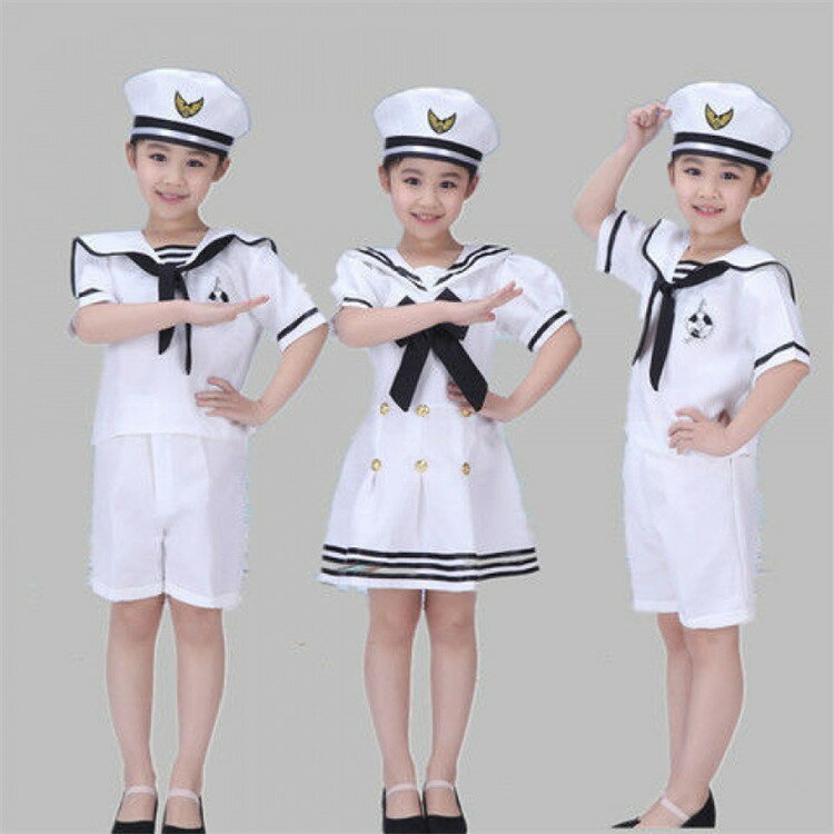 乐天商城 - ハロウィン衣装 女の子 男の子 子供 海軍 制服 海軍服 2点セット 3点セット ダンス衣装 コスプレ衣装 仮装 帽子付き ワンピース Tシャツ 半袖 パンツセット ショートパンツ セットアップ 上下セット 子供服 ステージ衣装 ダンスウエア 舞台衣装 演出服 合唱服 100-160cm