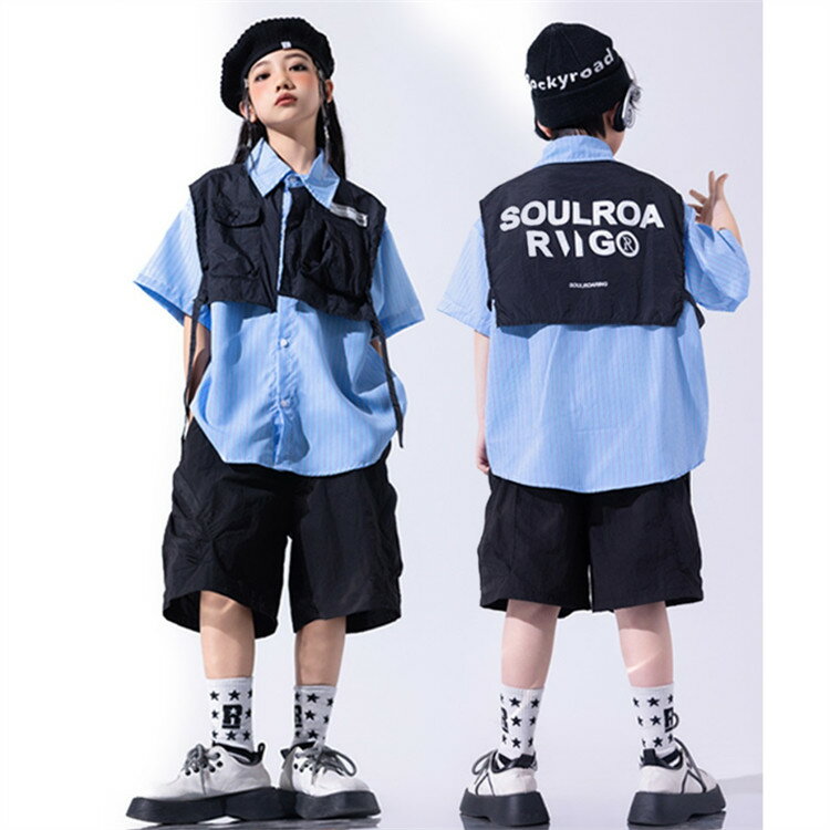 乐天商城 - ダンス衣装 上下セット セットアップ 子供服 男の子 女の子 子供 キッズ ヒップホップ hiphop レイヤード風 重ね着 ストライプ柄 半袖シャツ 半袖 ショートパンツ ハーフパンツ ジャズダンス ダンスウエア 舞台衣装 ステージ衣装 HIPHOP k-pop 団体服 演出服 110-180cm
