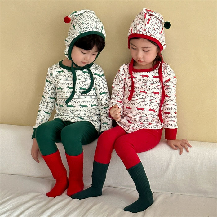 乐天商城 - 子供用 パジャマ 秋冬 3点セット クリスマス衣装 子供服 レッド グリーン 上下セット キッズ 女の子 男の子 長袖 春秋 部屋着 肌触り 可愛い 寝巻き 通気性 柔らかい ルームウェア 兄妹 姉弟 80cm 90cm 100cm 110cm 120cm 130cm 140cm 150cm