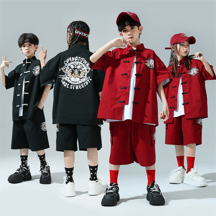 乐天商城 - ダンス衣装 女の子 男の子 キッズ セットアップ 上下セット 2点セット 中華風 チャイナ風 ヒップホップ ジャズダンス ダンスウエア 半袖シャツ 半袖 ショートパンツ ジュニア レッスン着 舞台衣装 ステージ衣装 HIPHOP k-pop チームダンス 演出服 団体服 韓国風 110-170