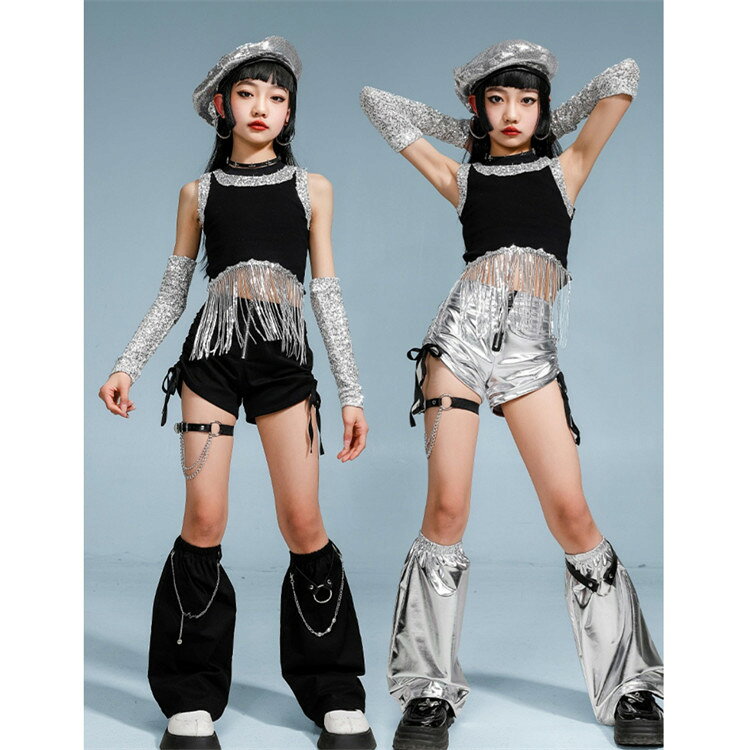 乐天商城 - ダンス衣装 子供服 2点セット 3点セット 女の子 キッズ 子供 ダンスウェア ヒップホップ ジャズダンス セットアップ 上下セット スパンコール キラキラ タッセル飾り タンクトップ ノースリーブ トップス ショートパンツ 袖カバー付き レッグカバー 舞台衣装 演出服110-180