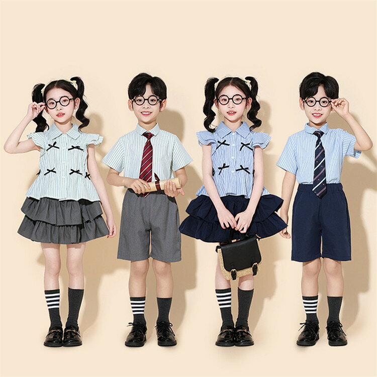 乐天商城 - 子供服 ダンス衣装 女の子 男の子 2点セット 3点セット 夏 夏服 ストライプ柄 リポン 半袖シャツ 半袖 ティアードスカート ショートスカート ショートパンツ 短ズボン 上下セット セットアップ ネクタイ付き 小学生 通園 通学 結婚式 入学式 発表会 演出服 団体服 110-180