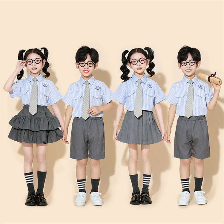 乐天商城 - 子供服 ダンス衣装 夏 夏服 女の子 男の子 2点セット 3点セット ストライプ柄 半袖シャツ 半袖 ティアードスカート ショートスカート ハーフパンツ 短ズボン 上下セット セットアップ ネクタイ付き 小学生 通園 通学 結婚式 入学式 発表会 演出服 団体服 合唱服 110-180