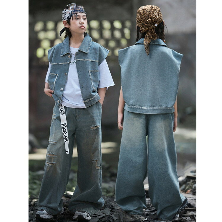 乐天商城 - ダンス衣装 キッズ 男の子 女の子 子供服 デニム 2点セット セットアップ デニムベスト デニムパンツ 長ズボン ロングパンツ ガウチョパンツ ワイドパンツ パンツセット ジャズダンス ダンスウエア 練習着 舞台衣装 ステージ衣装 HIPHOP k-pop 韓国風 団体服 演出服 110-180