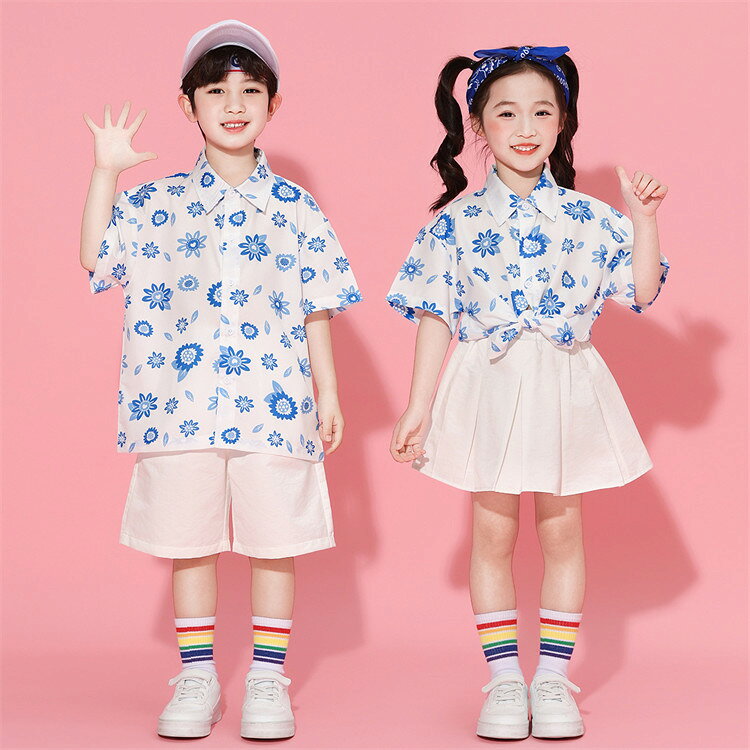 乐天商城 - 子供服 クラス服 夏 夏服 女の子 男の子 子供 ダンス衣装 ダンスウエア 総柄 花柄 上下セット セットアップ 半袖シャツ 半袖 ショートパンツ ショートスカート プリーツスカート 小学生 ステージ衣装 舞台衣装 応援団 演出服 団体服 合唱服 体育祭 運動会 記念撮影 100-180