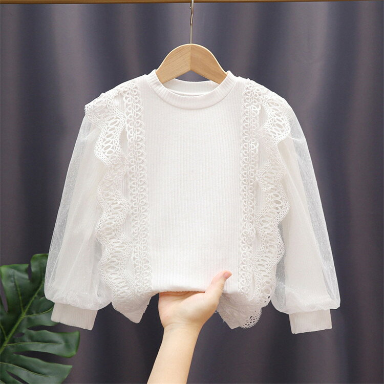 Long-Sleeved - ブラウス 長袖シャツ 子供服 春 秋 女の子 キッズ 子供 トップス チュール 花柄レース クルーネック 長袖 バブルスリーブ インナー プルオーバー 可愛い 白 コーデ 防寒 保温 淑女 おしゃれ 七五三 結婚式 入学式 卒業式 小学生 通学 通園 幼稚園 誕生日 プレゼント 110-160
