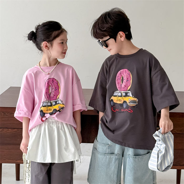 T-Shirts （Half Sleeves） - 韓国子供服 Tシャツ 男の子 女の子 姉妹 兄弟 双子 tシャツ トップス 半袖 ゆったり 韓国風 おしゃれ トレンド かわいい 綿 コットン 普段使い お出かけ 通学着 カジュアル 着心地快適 夏物 ピンク グレー
