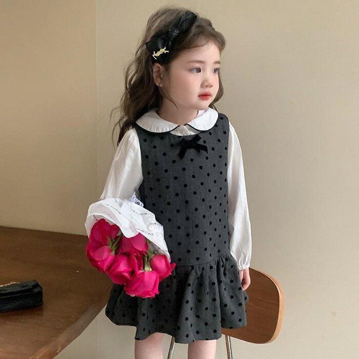 乐天商城 - 子供 フォーマル ワンピース セットアップ ベビー服 春秋 長袖シャツ ドット ワンピース 2点セット 女の子 ガールズ スーツ ワンピース キッズドレス 子ども 可愛い フリル 子供服 入園式 結婚式 卒園式 誕生日 出産祝い 100日祝い