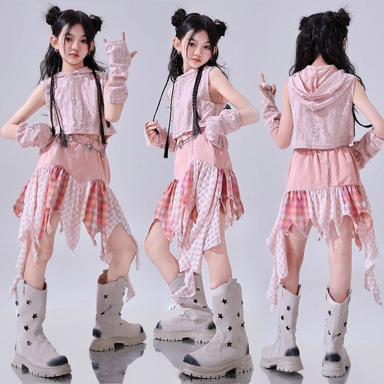 乐天商城 - ダンス衣装 キッズ ヒップホップ セットアップ ピンク 女の子 ノースリーブ フード付き トップス スカート ガールズ K-POP ダンスウェア 子供ダンス服 応援団 団体服 イベント衣装 発表会 ジュニア ファッション 練習着