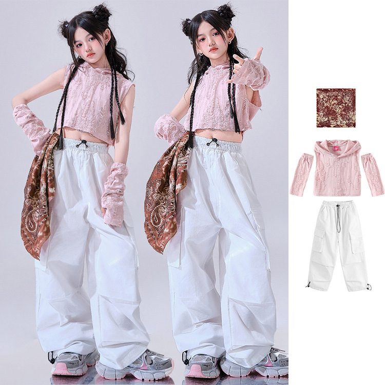 乐天商城 - キッズ ダンス衣装 フード付き ヒップホップ セットアップ 女の子 へそ出し ノースリーブ トップス 長パン カーゴパンツ ガールズ かっこいい 子供服 チアガール ジャズダンス ステージ衣装 練習着 舞台服 個性派 応援団 夏用
