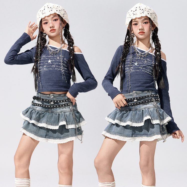 乐天商城 - ダンス衣装 キッズ セットアップ 女の子 ヒップホップ Kpop ワンショルダー 長袖 トップス へそ出し デニム スカート ジャズダンス ガールズ KPOP かっこいい 発表会 練習着 ステージ衣装 アイドル 団体服