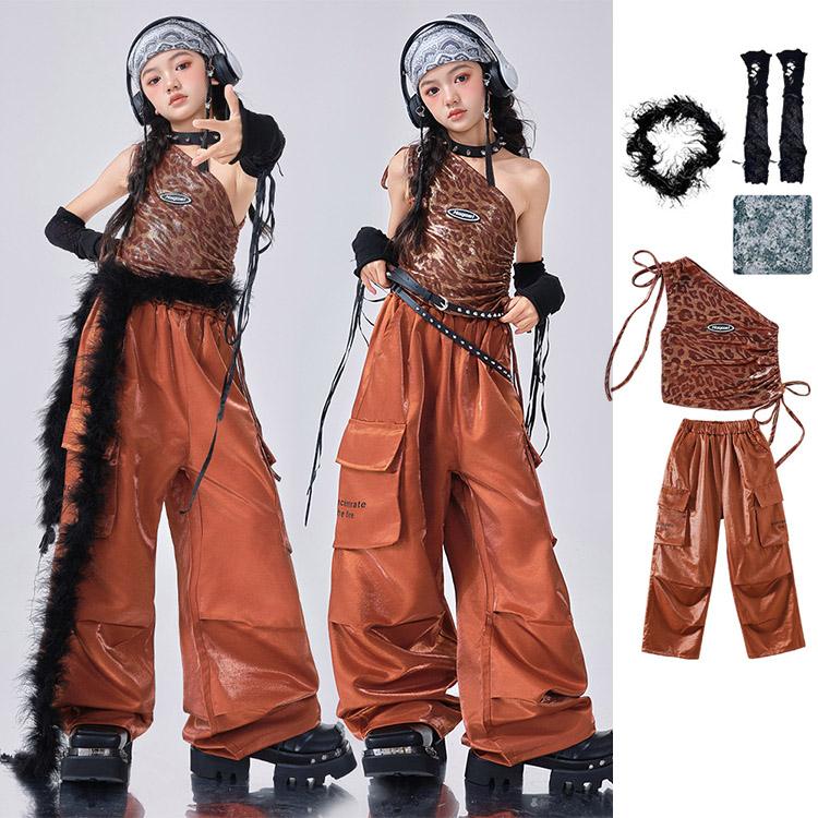 乐天商城 - ダンス衣装 キッズ ヒップホップ セットアップ 豹柄 女の子 ワンショルダー タンクトップ トップス ロング丈 カーゴパンツ ガールズ ジュニア K-POP 上下セット おしゃれ カッコイイ 大きいサイズ ゆったり 発表会 練習着 舞台衣装 ステージ服