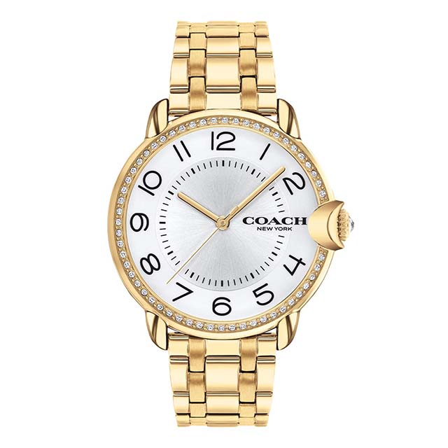 コーチ COACH 腕時計 レディース ブランド アーデン 36mm ゴールド ケース クリスタル サンレイダイヤル 白 シルバー Cモチーフ リューズ 金 女性 見やすい