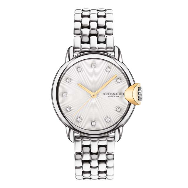 コーチ【Coach】アーデン 32mm SS ケース 5 リンクブレスレット ギョーシェパウダー ホワイト ダイヤル クリスタル インデックス GP「C」モチーフ リューズ - 腕時計 時計 レディース 秒針 白色 白文字盤 ラウンド 円 丸 女性 彼女 妻 母