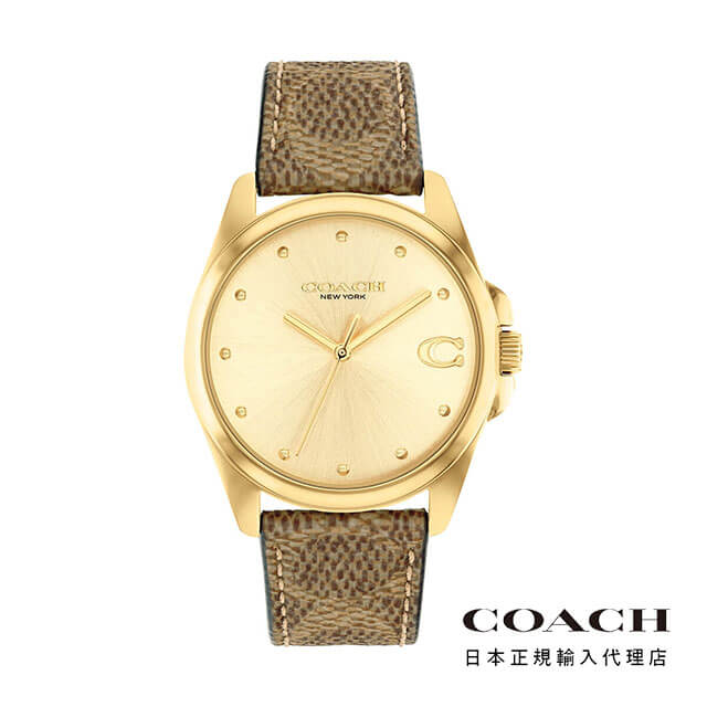 COACH コーチ 腕時計 レディース ブランド グレイソン 36mm GP サンレイ ダイヤル シグネチャー C レザーストラップ ゴールド 金色 革ベルト 使いやすい 仕事用 ラウンド