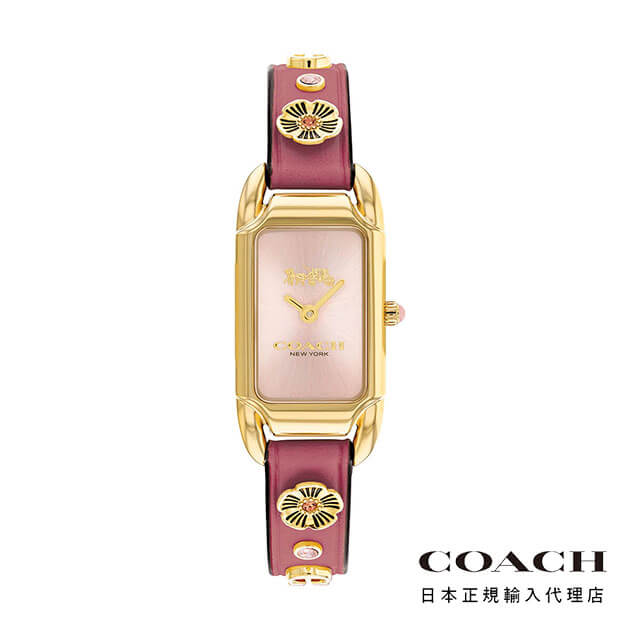 COACH コーチ 腕時計 レディース ブランド ケイディ 17.5X28.5mm ペール ブラッシュ サンレイ ダイヤル ルージュ レザー ストラップ ゴールド 金 レッド 赤 レクタン スクエア きれいめ 使いやすい