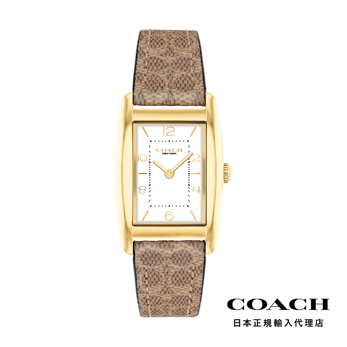 コーチ 腕時計 COACH / コーチ リース 24x35mm GP ホワイト サテン ダイヤル タン シグネチャー C コーティング キャンバス ストラップ