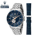 Maserati / マセラティ スフィーダ 44MM オートマチック ブルー/ダイヤモンドダイヤル シルバーステンレススチールブレスレット & ブルーレザーベルト