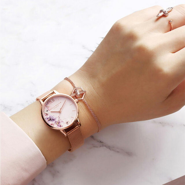 【宇垣 美里さん着用】オリビアバートン 日本総代理店 レディース 腕時計 Olivia Burton ウォーターカラーフローラル ローズゴールド メッシュ イラスト ピンク メッシュベルト フラワー