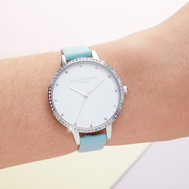 オリビアバートン 日本総代理店 腕時計 レディース ブランド レザーベルト ラウンド アナログ Olivia Burton レインボー ベゼル ターコイズ シルバー 34mm