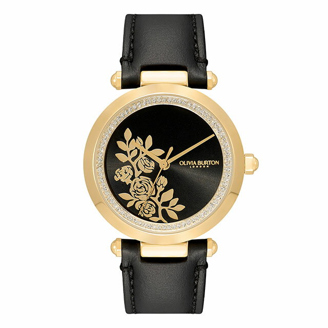 オリビアバートン 日本総代理店 腕時計 レディース ブランド Olivia Burton シグネチャー 34mm フローラル Tバー ゴールド ブラック レザー ストラップ ウォッチ 黒 花