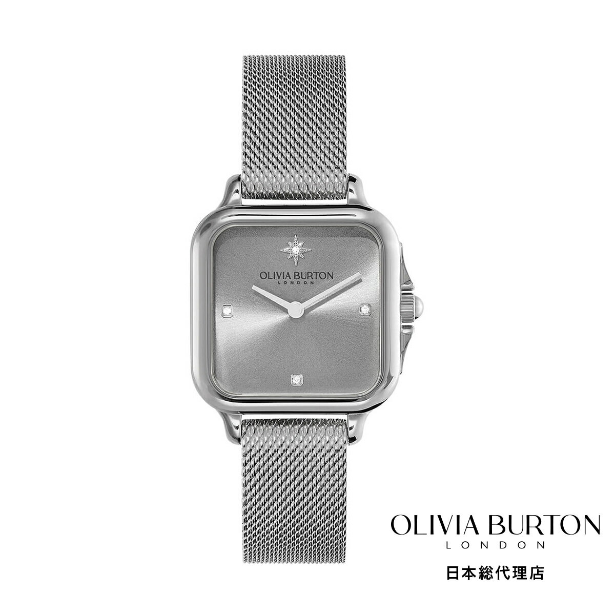 オリビアバートン 日本総代理店 腕時計 レディース ブランド スクエア Olivia Burton クラシック 28mm グロブナー ライトグレー & シルバー メッシュ ウォッチ