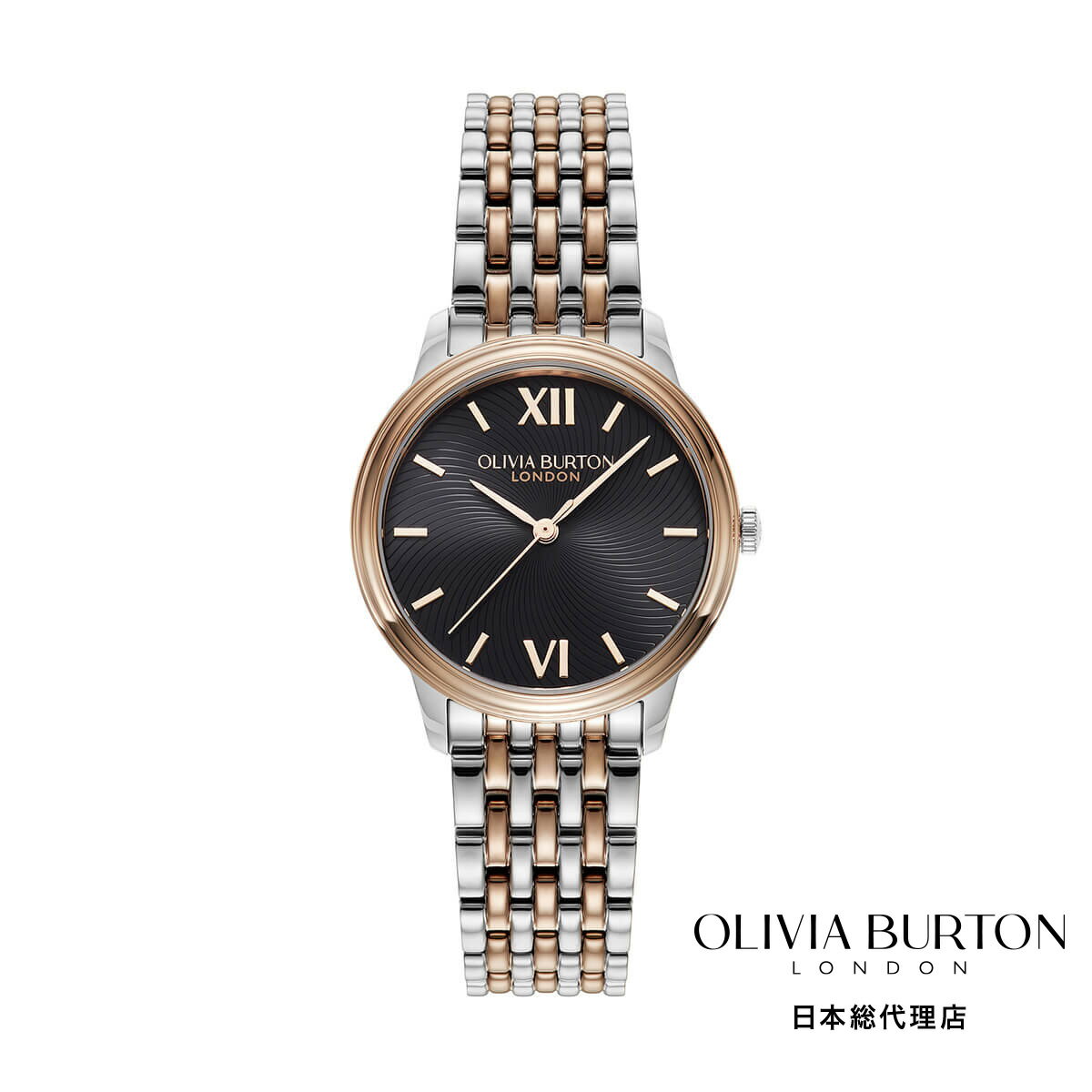 OLIVIA BURTON / オリビア・バートン クラシックス - 32mm クラシック スワール ブラック サンレイ シルバー ＆ ローズゴールド ブレスレット