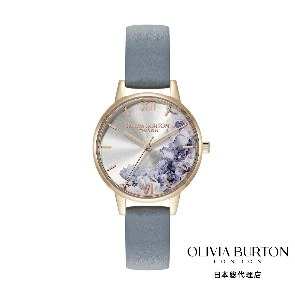 OLIVIA BURTON / オリビア・バートン イラストレーテッドフローラル - ミディ アイボリー ローズゴールド チョークブルー レザー