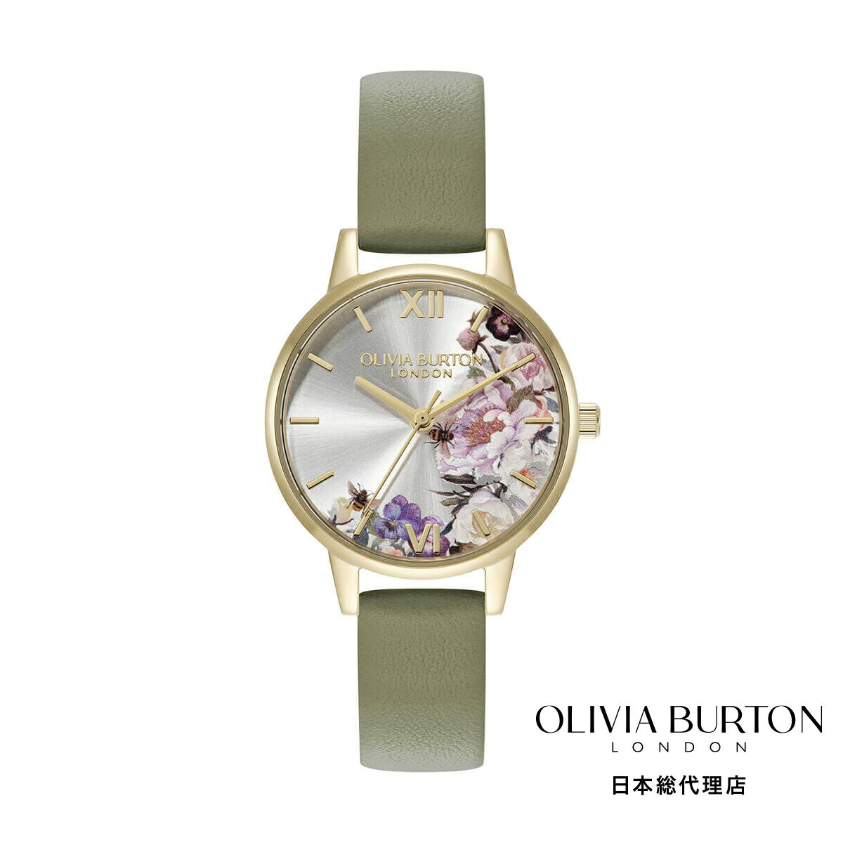 OLIVIA BURTON / オリビア・バートン イラストレーテッドフローラル - ミディ アイボリー ゴールド セージグリーン レザー