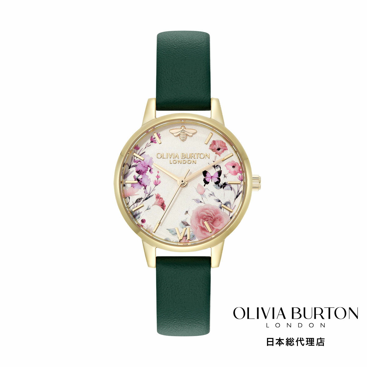 OLIVIA BURTON / オリビア・バートン シグネチャー 30mm イラストレイテッド フローラル フォレストグリーン レザー