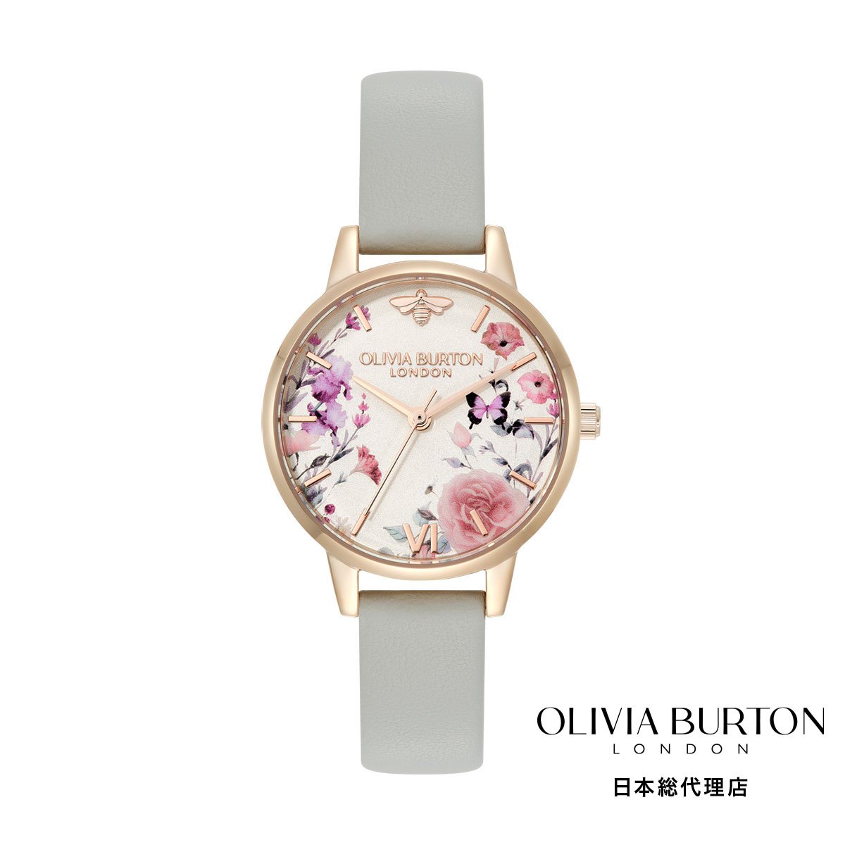 OLIVIA BURTON / オリビア・バートン シグネチャー 30mm イラストレイテッド フローラル ライトグレーレザー