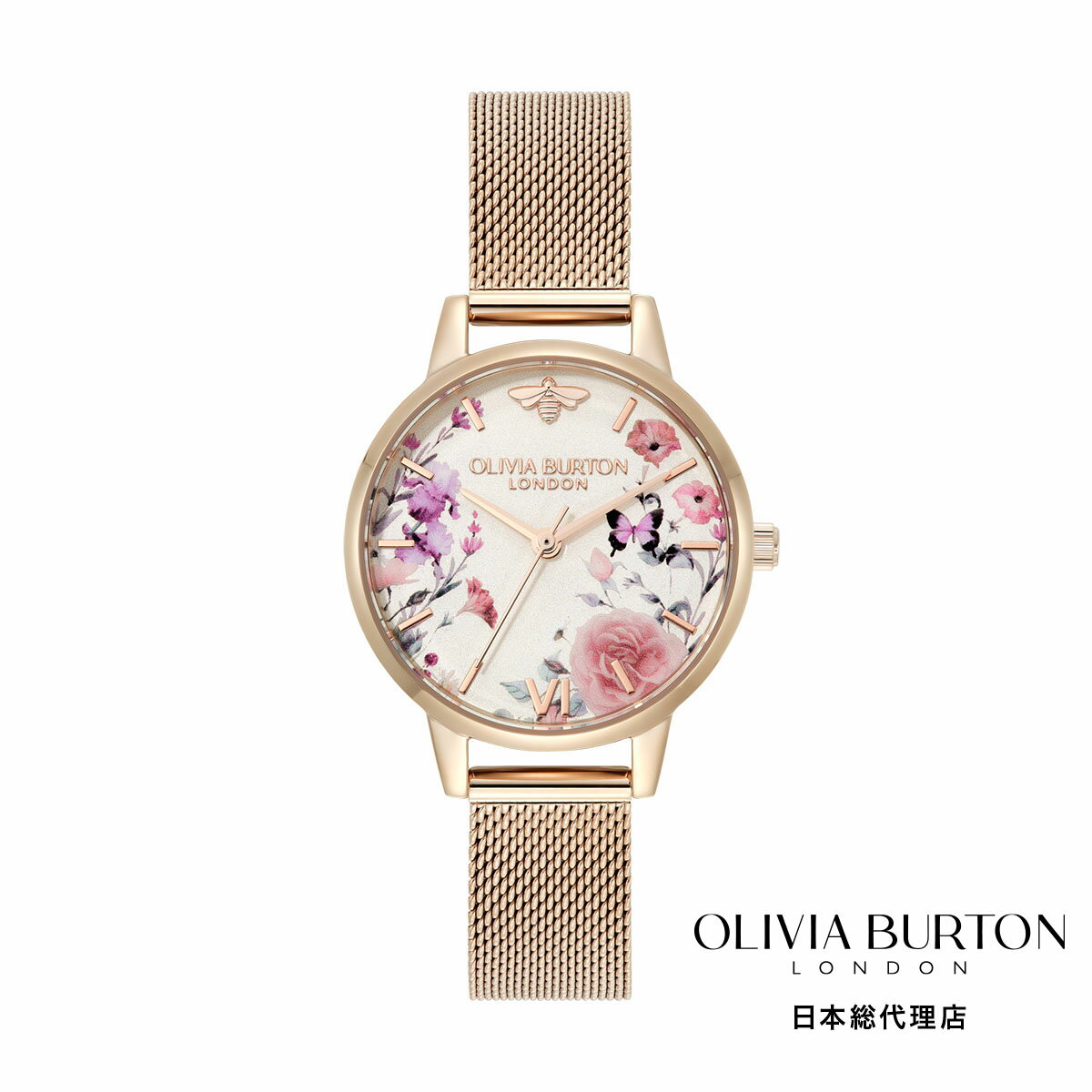 OLIVIA BURTON / オリビア・バートン シグネチャー 30mm イラストレイテッド フローラル ローズゴールド メッシュ
