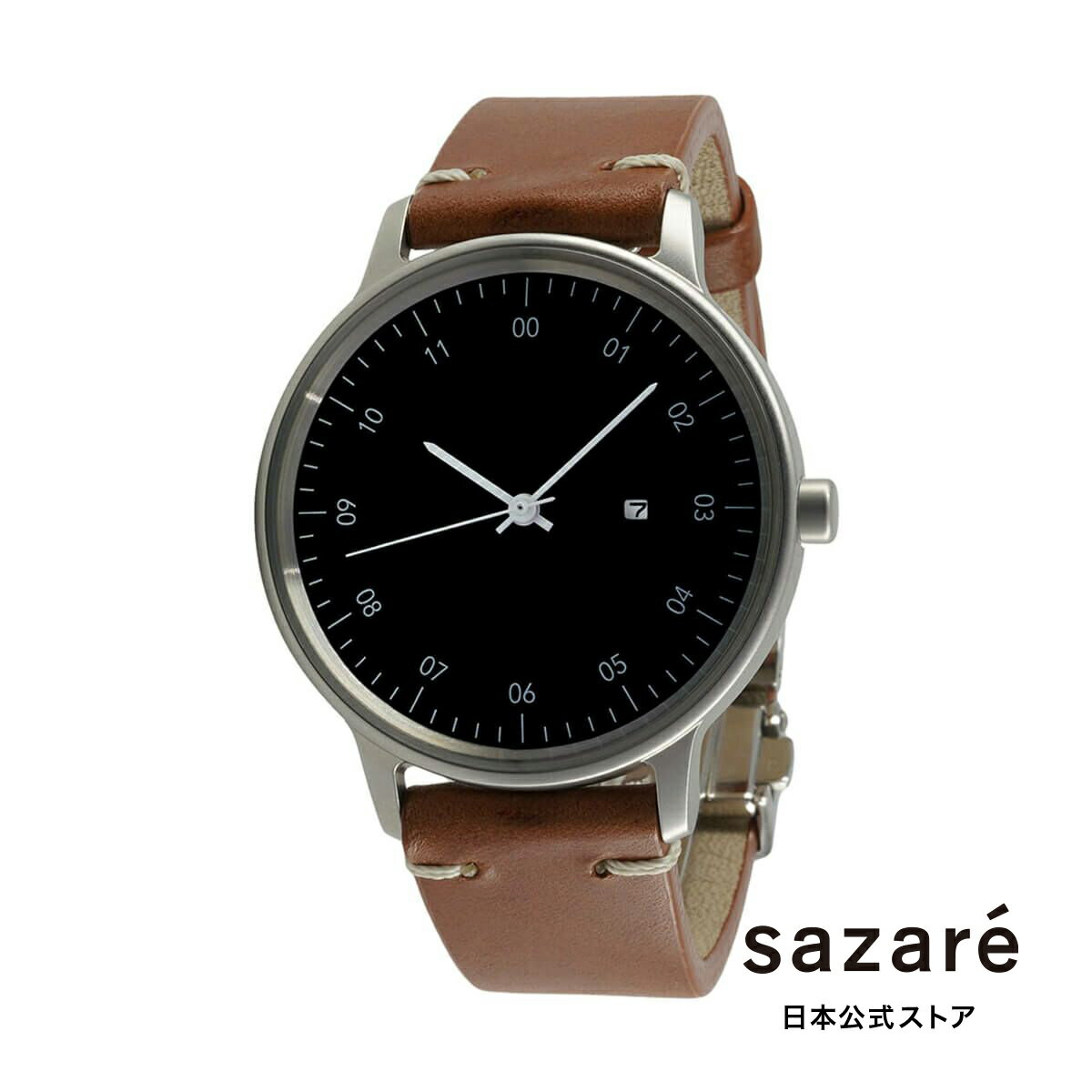 sazare さざれ 公式ストア 腕時計 メンズ ブランド レディース ウォッチ SK01 / SS シルバー ホーニング フィニッシュ / ブラック ダイヤル /シルバー D バックル ライトブラウン ブッテーロレザー