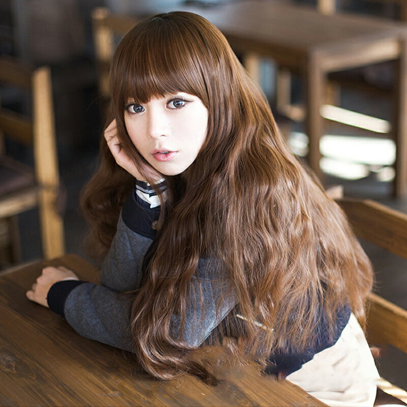 ウィッグ ロング レディース カール 巻き髪 かわいい ファッション 自然 フルウィッグ 女性 可愛い 小顔効果 ロング ヘアウィッグ おしゃれ ウェーブ 髪型 ぱっつん前髪 ウィッグネット付き 混色 黒 ブラック ライトブラウン ダークブラウン かぶるだけ 仮装 コスプレ かつら