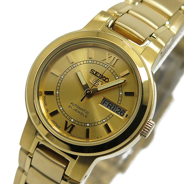 セイコー SEIKO クオーツ レディース 腕時計 SYME58J1 ゴールドセイコーファイブ SEIKO5 レディース 腕時計日本が世界に誇る時計ブランドseiko。セイコー5は、セイコーの自動巻きシリーズとして人気を博しましたが、クォーツの流れに押され、国内での販売が終了。以降、海外市場向けのみ製造され欧米を中心に高い人気を誇っています。日本国内では販売されていない希少ライン”seiko five”本モデルは珍しい完全なmade in japanモデル。バックル、裏蓋、文字盤6時位置にjapanの刻印があります。通常のモデルは、国産ムーブメントやパーツを持ち寄り、東南アジアで組み立てられますが、製造が一貫して日本国内のseikoで行われた非常に高品質な海外向け製品です。プレゼントやギフトにもおすすめ。サイズ：（約）H24×W24×D10mm(ラグ、リューズは除く)、重さ(約)61g、腕周り最大(約)17.5cm、最小(約)13cm仕様：クオーツ、日常生活防水、日付・曜日カレンダー、カラー：ゴールド(文字盤)、ゴールド（ベルト）保証期間：1年間※　この商品は店頭でも同時に販売しております。在庫更新の遅れにより品切れの際はご容赦下さい。セイコー seiko クオーツ レディース 腕時計 syme58j1 ゴールドセイコーファイブ seiko5 レディース 腕時計日本が世界に誇る時計ブランドseiko。セイコー5は、セイコーの自動巻きシリーズとして人気を博しましたが、クォーツの流れに押され、国内での販売が終了。以降、海外市場向けのみ製造され欧米を中心に高い人気を誇っています。日本国内では販売されていない希少ライン”seiko five”本モデルは珍しい完全なmade in japanモデル。バックル、裏蓋、文字盤6時位置にjapanの刻印があります。通常のモデルは、国産ムーブメントやパーツを持ち寄り、東南アジアで組み立てられますが、製造が一貫して日本国内のseikoで行われた非常に高品質な海外向け製品です。プレゼントやギフトにもおすすめ。item informationサイズ（約）h24×w24×d10mm(ラグ、リューズは除く)、重さ(約)61g、腕周り最大(約)17.5cm、最小(約)13cm仕様ステンレス(ケース)、ステンレス(ベルト) クオーツ、日常生活防水、日付・曜日カレンダー、カラー：ゴールド(文字盤)、ゴールド（ベルト） 1年間付属品ケース・保証書・取扱説明書
