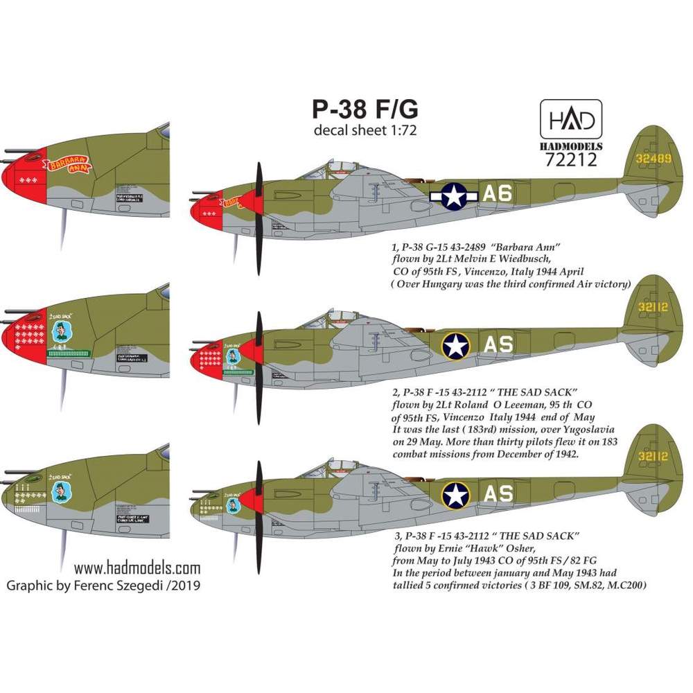 HADモデル 1/72 WW.II アメリカ軍 P-38F/G ヨーロッパ戦線 デカール HAD72212