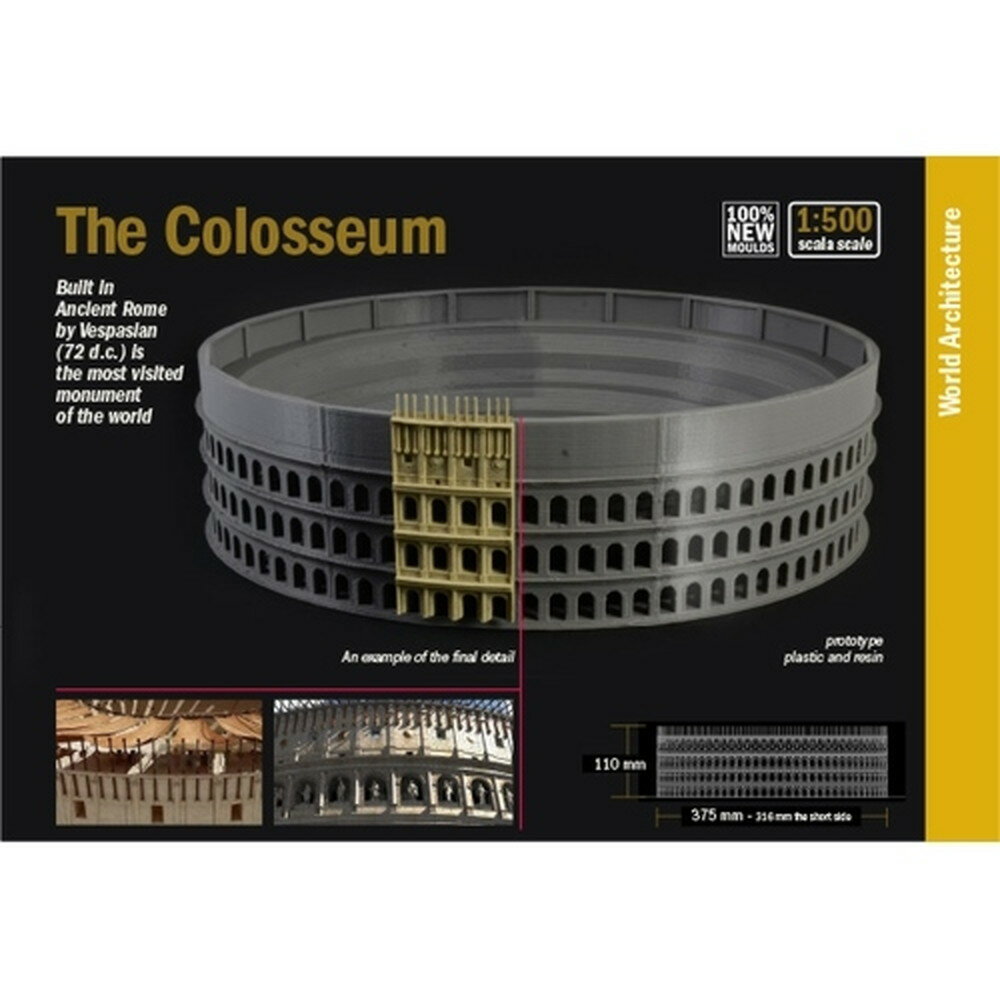 2000年の歴史がよみがえる!! イタリアはローマの代表的な観光施設として知られるコロッセオを1/500スケールで再現したプラスチックモデル組み立てキットです。 コロッセオについて 帝政ローマ時代の西暦72年から80年にかけて建築された円形闘技場がコロッセオです。周囲は527m、高さ48mの大きさを誇り、収容人数は5万人と言われています。この中では多くの観客が見守る中、剣闘士(グラディエーター)と猛獣、あるいは剣闘士同士の命を懸けた戦いがショーとして繰り広げられていたのです。4層構造を持ち、1階には皇帝の席が設けられ、2階、3階にはそのほか市民などが見物する席が用意されていました。それぞれの層は異なる様式の柱で作られ、第1層はドーリア式、第2層はイオニア式、第3層はコリント式で作られています。地下には出番を待つ剣闘士や猛獣などが控えていたとされ、見世物の機材なども保管されていたようです。また、地下から地表の舞台に登場するための人力エレベーターなども完備していたといわれています。建設から2000年近くがたつにもかかわらず、部分的とはいえその姿を残すコロッセオは当時の建築技術の優秀さを物語っていると言えるでしょう。1980年にはローマ歴史地区として世界遺産にも登録され、多くの観光客を集めているのです。 モデルについて 世界遺産にも登録されているイタリアはローマの円形闘技場、コロッセオを再現したプラスチックモデル組み立てキットです。1/500スケールで建設当時の姿をモデル化しています。各層によって様式の異なる柱のデザインをしっかりと再現。外壁の石組みの壁のディテールや質感も伝わる仕上がりです。加えて、外壁のアーチの中に飾られた数々の像もモデル化。また、もちろん闘技場内側の観客席なども再現しています。闘技場内側部分は1階フロア部分から最上階のスタンド部分まで一体パーツ。組み立ても確実です。現代のスタジアムなどと比べてもその見事さが伝わる観客席が当時の熱狂を伝えます。中心部分は現在のコロッセオでは抜け落ちているフロア部分。このスペースで剣闘士が戦いを繰り広げたのです。キットには剣闘士やライオンなどのフィギュアも用意。ディスプレイしてみるのも楽しみ。建築当時の姿を再現しているっだけに現在のコロッセオの写真などと比べてみるのも興味深いことでしょう。 世界の歴史に触れることのできるキットです。
