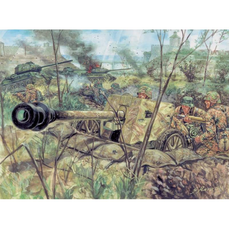 敵戦車に照準セット!! 第二次世界大戦でドイツ軍が運用した対戦車砲、7.5cm　Pak40と砲兵を1/72スケールで再現したプラスチックモデル組み立てキットです。 第二次世界大戦中にドイツ軍が配備、運用した対戦車砲が7.5cm　Pak40です。1941年から45年まで23000門以上が生産され、ドイツ軍の代表的な対戦車砲となりました。重量は1500kg程と軽量なのが特徴でそれによる扱いやすさも数多く運用された理由でした。2000mの距離で70mmのプレートを貫通する能力を持ち、牽引タイプのほかにもマーダーやIII号突撃砲、ヘッツァーなどの駆逐戦車の主砲としても用いられたのです。 モデルは第二次大戦中に開発、配備されたドイツの代表的対戦車砲、7.5cm　Pak40をそのクルーとともに1/72スケールで再現したプラスチックモデル組み立てキットです。セットは7.5cm　対戦車砲Pak40が2門とそれを操作する兵士12体をモデル化しています。砲1門は9つのパーツで構成され、組み立ては手軽。それを操作する兵士のフィギュアは6ポーズ、各2体の計12体をセット。各兵士はロングコートやフード付きパーカー、迷彩スモックを着用した姿でモデル化されています。砲弾を運ぶポーズや砲のハンドル操作をするポーズ、双眼鏡を手に指示を出すポーズなど、各兵士のリアルなポージングも見逃せません。射撃を控えた臨場感も伝わります。兵士の身長は約24mmでユニフォームのしわなども含めてディテールもリアルに表現されています。