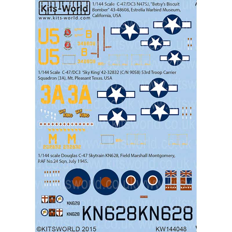 デカール コード：4545782032826 1/144スケールのC-47、DC-3のモデルに対応したデカールのセットです。 このセットでは旅客機、輸送機として1936年から30年代、40年代をとおして民間、軍用で活躍した傑作機、C47/DC-3のマーク3種を収録。 ひとつはイギリス空軍の第24飛行隊が運用したC-47スカイトレインのマーキングで1945年6月、陸軍元帥モントゴメリーが搭乗した機体のマーキング。 イギリス空軍の第24飛行隊はチャーチルなどの要人輸送部隊としても活躍していました。 ひとつは戦後、アメリカ・カリフォルニアにある博物館、エストレラ・ウォーバード博物館でレストアされ、2009年に初飛行をした機体のマーキング。 そして、第53兵員輸送飛行隊のC-47、「スカイキング」のマーキングです。 国籍マークや機首に描かれたエンブレムマークなどもセットされています。